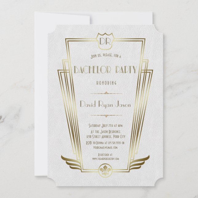 Invitation Fête de Bachelor Monogramme Art Déco Or Royal Blan (Devant)