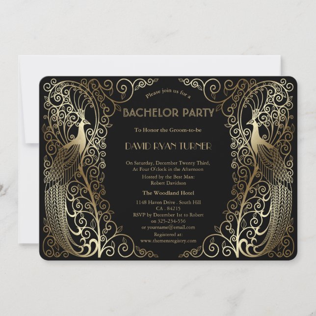 Invitation Fête de Bachelor Paons Art Déco Glamour Or (Devant)