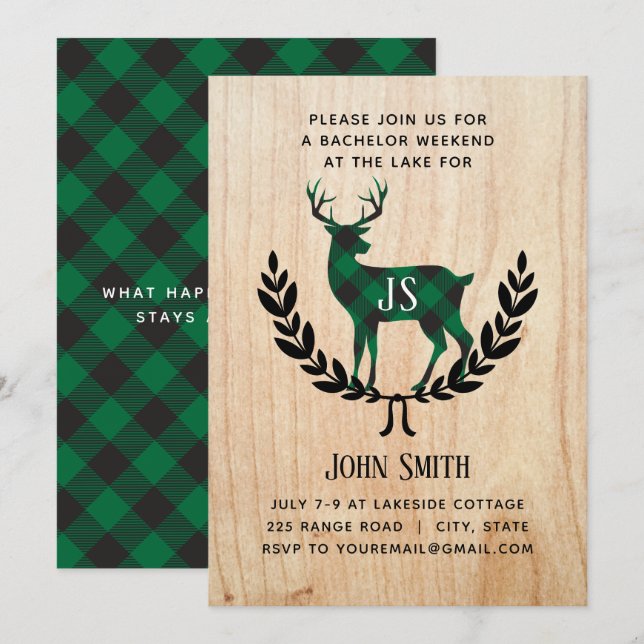 Invitation Fête de Bachelor Plaid Buffalo Cerf Monogramme (Devant / Derrière)