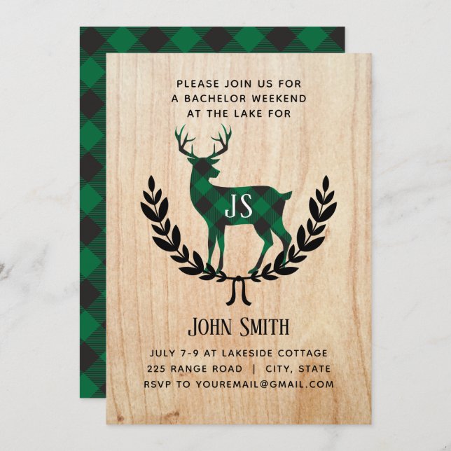Invitation Fête de Bachelor Plaid Buffalo Vert Cerf Monogramm (Devant / Derrière)