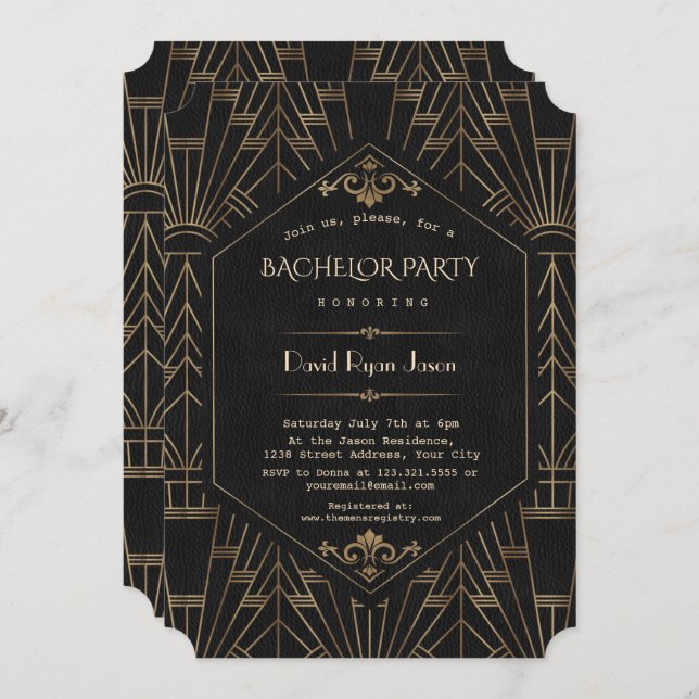 Invitation Fête de Bachelor Royal Or Noir Gatsby 1920 (Devant / Derrière)
