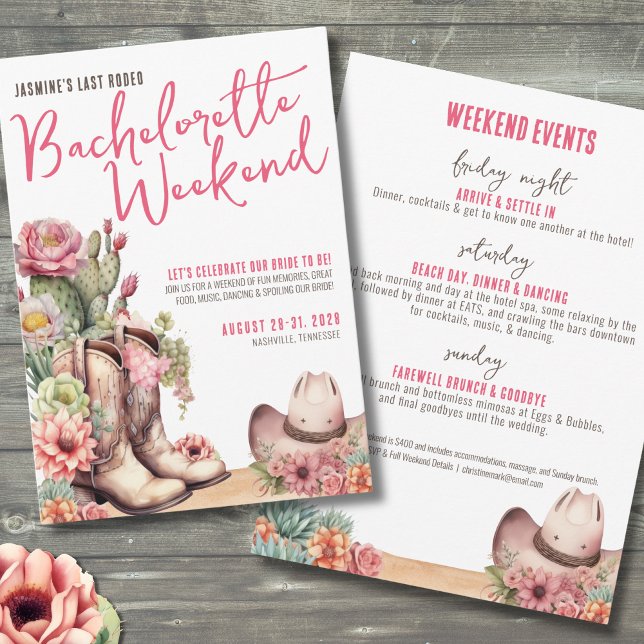 Invitation Fête de bachelorette (Last Rodeo Weekend Pink Cowgirl Bachelorette Party Invitation)