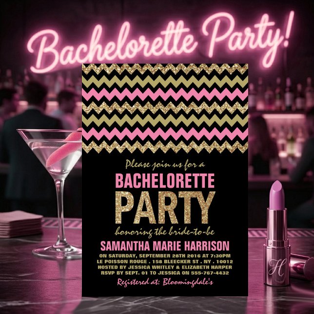 Invitation Fête de Bachelorette à Chevron Pailleté Rose et Or (Créateur téléchargé)
