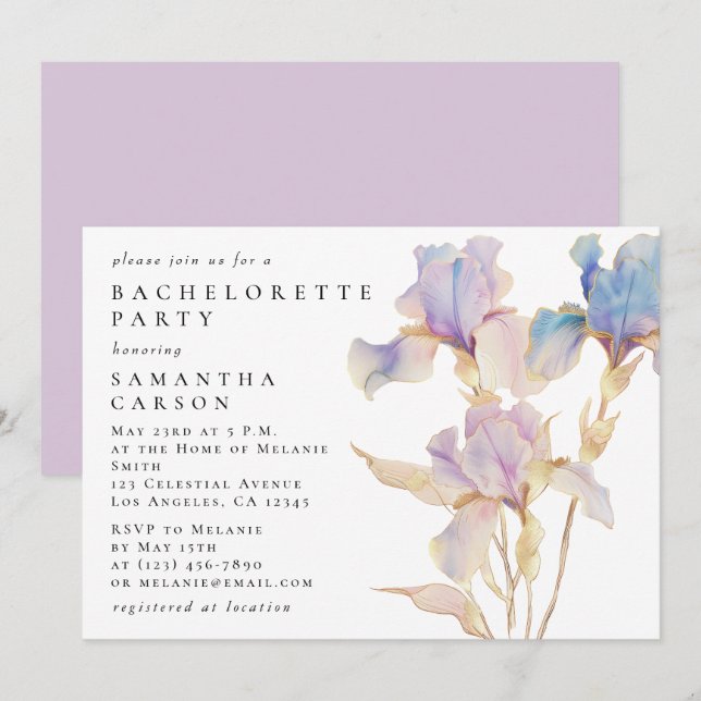 Invitation Fête de Bachelorette à l'aquarelle florale Iris él (Devant / Derrière)