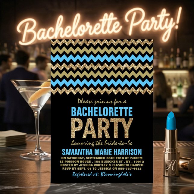 Invitation Fête de Bachelorette à paillettes Bleu & Or Chevro (Créateur téléchargé)