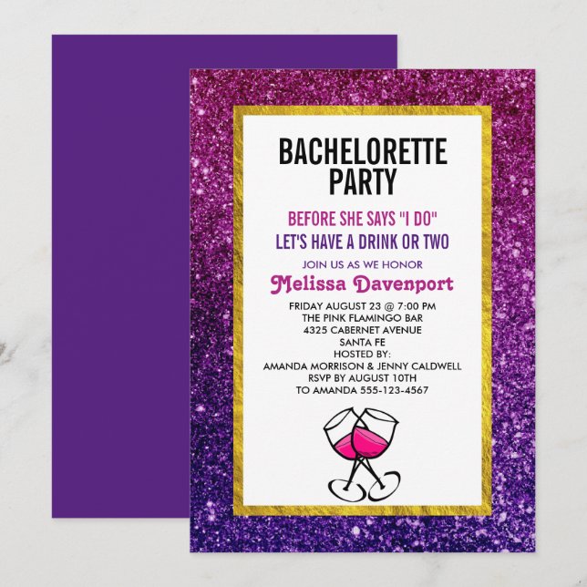 Invitation Fête de Bachelorette à paillettes rose et violet (Devant / Derrière)