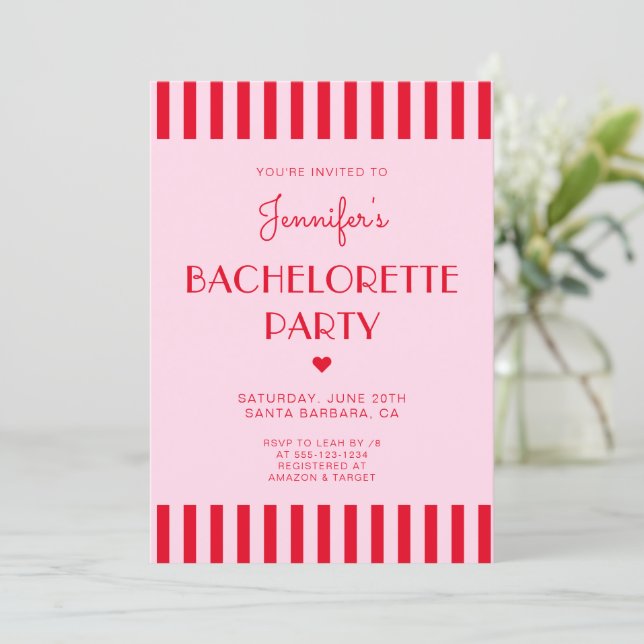 Invitation Fête de Bachelorette à rayures rouges et roses rét (Debout devant)