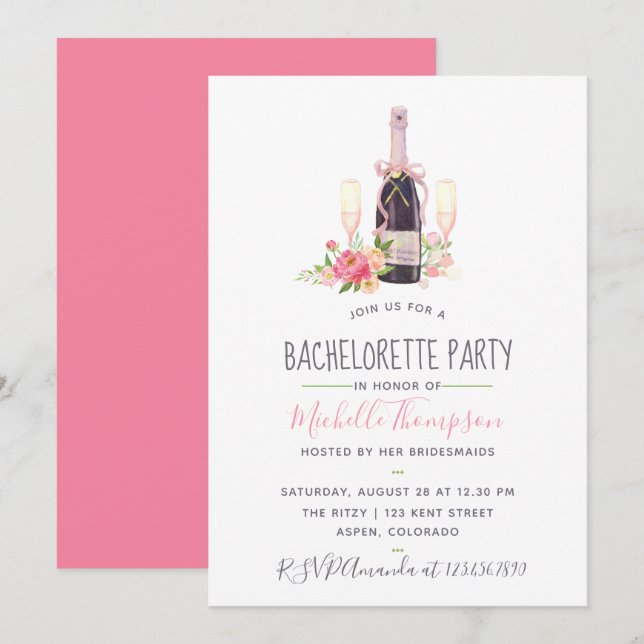 Invitation Fête de Bachelorette Aquarelle Champagne Rose (Devant / Derrière)