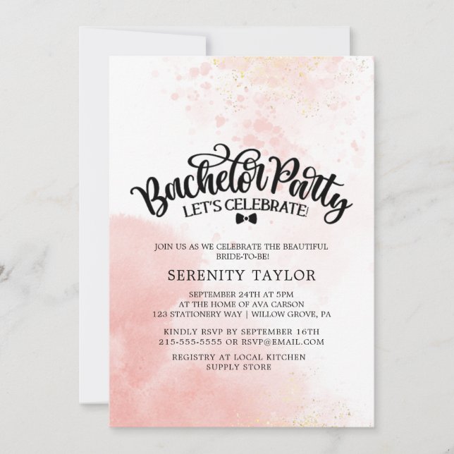 Invitation Fête de Bachelorette aquarelle rose et or (Devant)