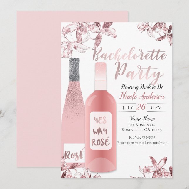 Invitation Fête de Bachelorette au vin rosé et aux fleurs d'o (Devant / Derrière)