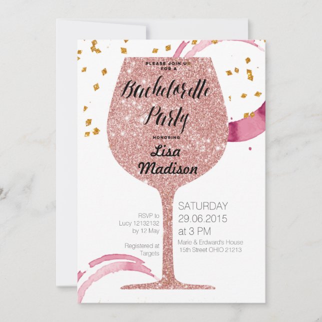 Invitation Fête de Bachelorette au vin Rose Gold (Devant)