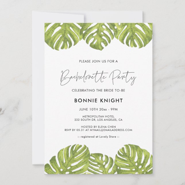 Invitation Fête de Bachelorette aux feuilles de palmier vert  (Devant)