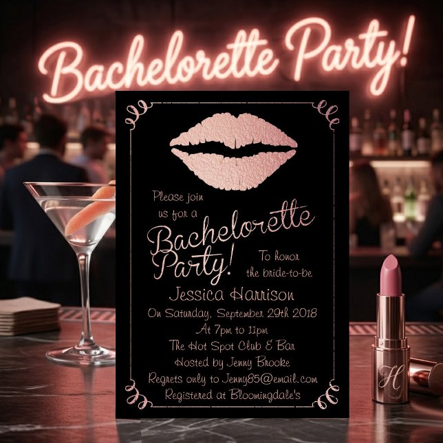 Invitation Fête de Bachelorette aux Lèvres en Or Rose Feuille (Créateur téléchargé)