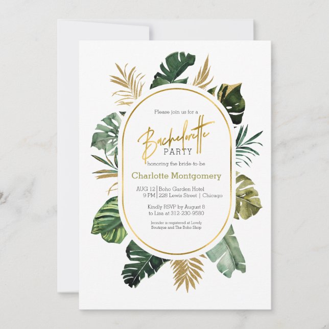 Invitation Fête de Bachelorette avec Feuille d'Or Tropical Aq (Devant)
