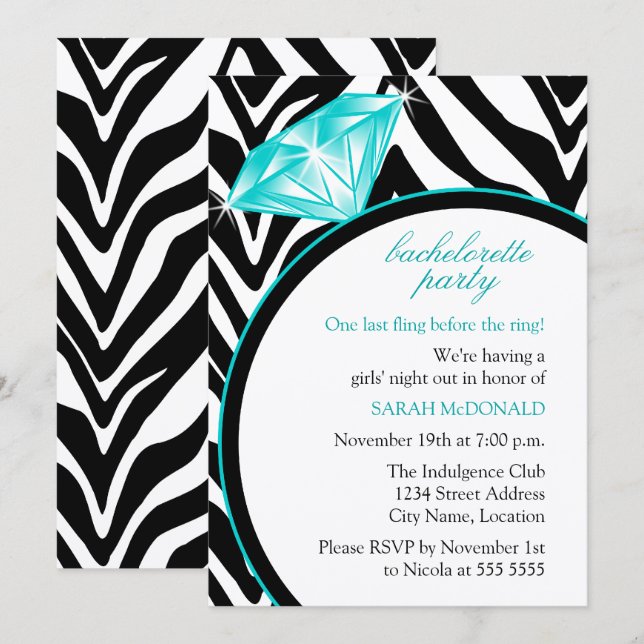Invitation Fête de Bachelorette avec Impression Zèbre et Bagu (Devant / Derrière)