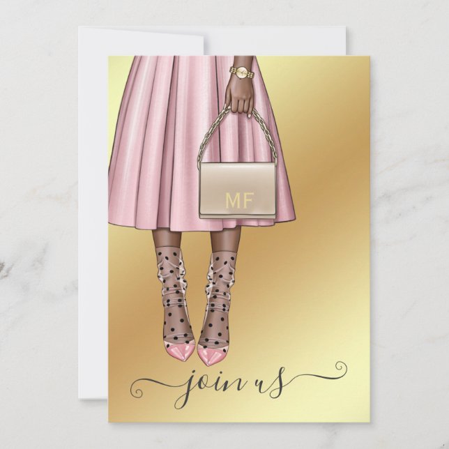 Invitation Fête de Bachelorette avec Monogramme Rose et Or Él (Devant)