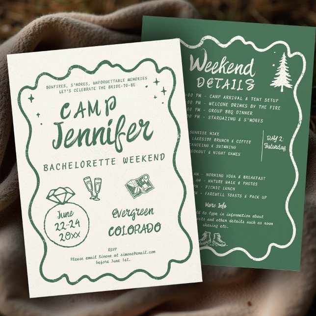 Invitation Fête de Bachelorette Bach Green Bach (camp bachelorette invitation handwriting hand written camping glamping hiking itinerary bach green)