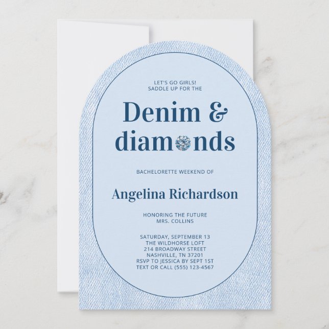 Invitation Fête de Bachelorette Blue Jeans Denim et Diamants (Devant)