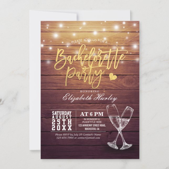Invitation Fête de Bachelorette Champagne Verres en Bois Lumi (Devant)