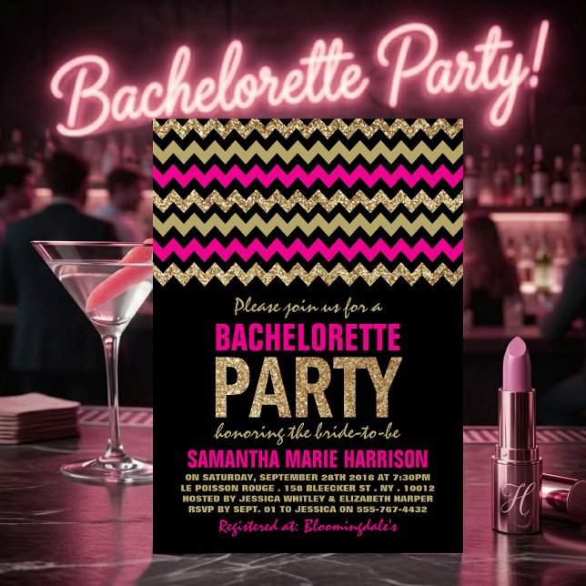 Invitation Fête de Bachelorette Chevron Paillettes Rose Chaud (Créateur téléchargé)
