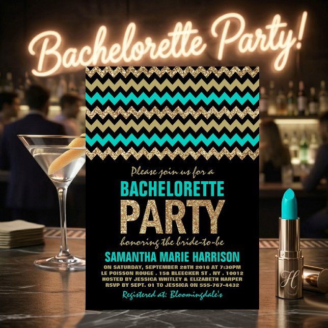 Invitation Fête de Bachelorette Chevron Turquoise et Paillett (Créateur téléchargé)
