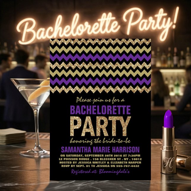 Invitation Fête de Bachelorette Chevrons Pailletés Violet et  (Créateur téléchargé)