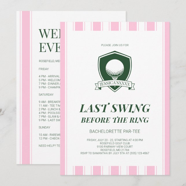 Invitation Fête de Bachelorette de dernière swing de golf ros (Devant / Derrière)