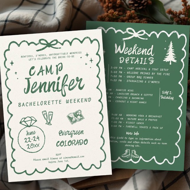 Invitation Fête de bachelorette de la Bow verte tirée à la ma (camp bachelorette invitation handwriting hand written camping glamping hiking itinerary bach bow)