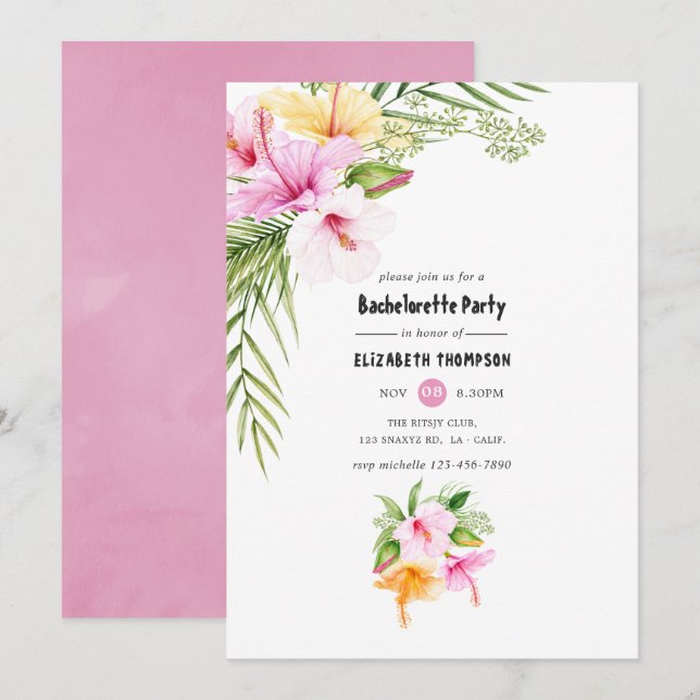 Invitation Fête de Bachelorette de plage florale tropicale ex (Devant / Derrière)