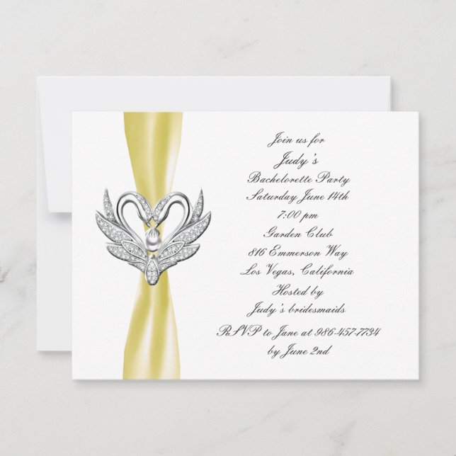 Invitation Fête de Bachelorette des Cygnes Argent Ruban Jaune (Devant)