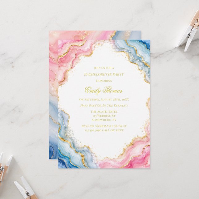Invitation Fête de Bachelorette en Agate Rose Bleu Or (Devant/Arrière en situation)