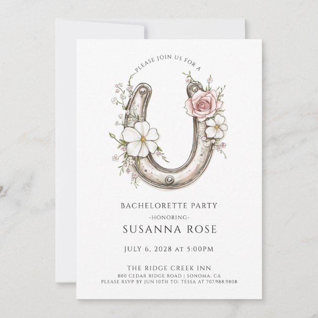 Invitation Fête de Bachelorette Fer à Cheval Floral Aquarelle (Devant)