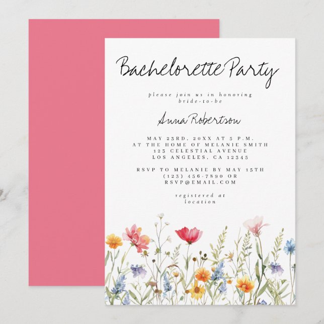 Invitation Fête de Bachelorette Fleur Sauvage Aquarelle (Devant / Derrière)