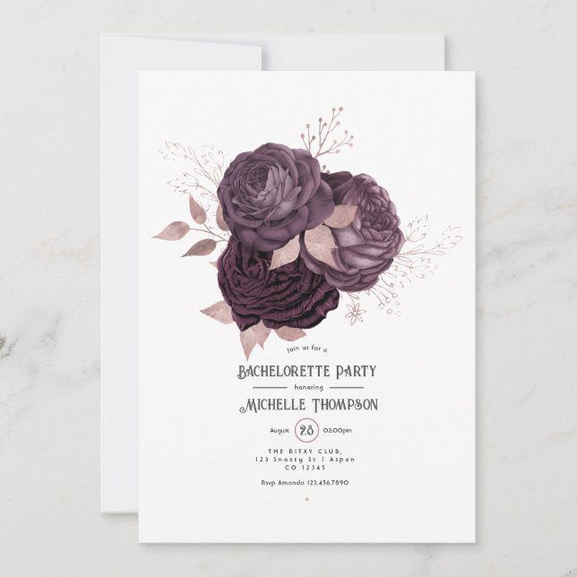 Invitation Fête de Bachelorette Fleurie Bourgogne et Or (Devant)