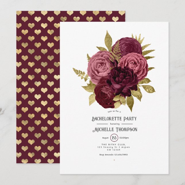 Invitation Fête de Bachelorette Fleurie Bourgogne et Or (Devant / Derrière)