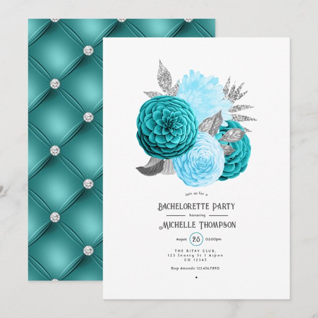 Invitation Fête de Bachelorette Fleurie de Teal et d'Argent (Devant / Derrière)