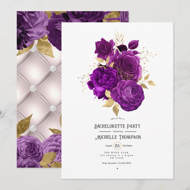 Invitation Fête de Bachelorette Fleurie Or et Violet (Devant / Derrière)