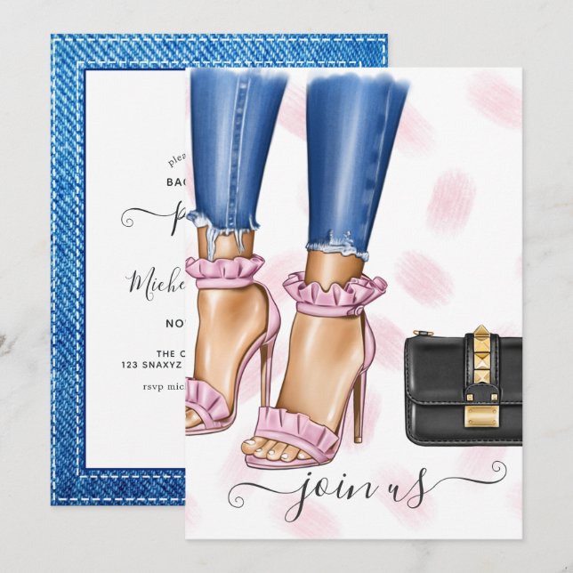 Invitation Fête de Bachelorette Fleurie Rose et Denim (Devant / Derrière)