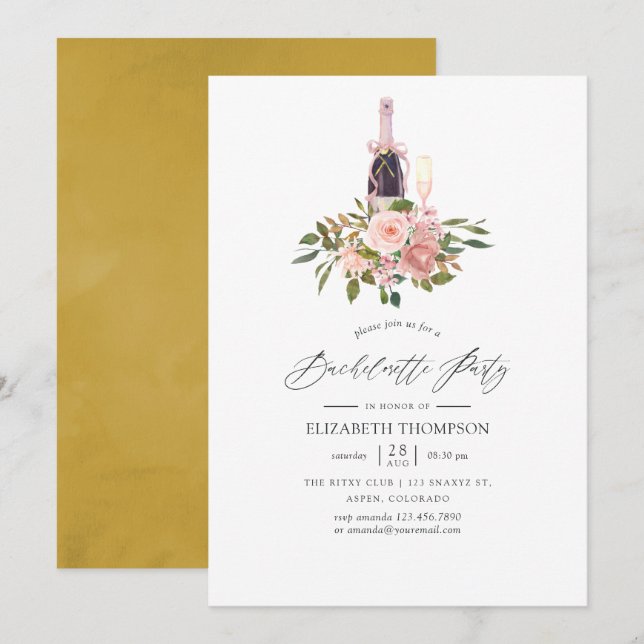 Invitation Fête de Bachelorette Fleurie Rose et Or (Devant / Derrière)