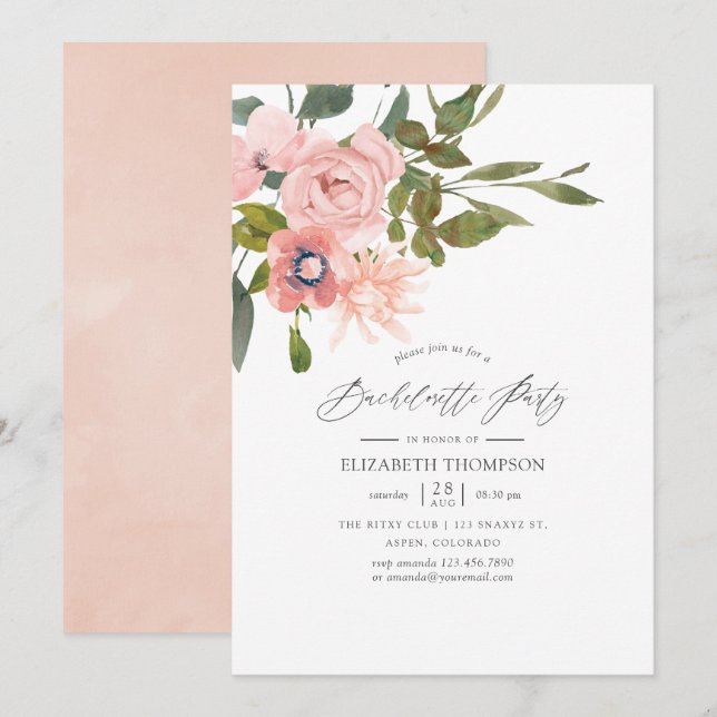 Invitation Fête de Bachelorette Fleurie Rose et Or (Devant / Derrière)