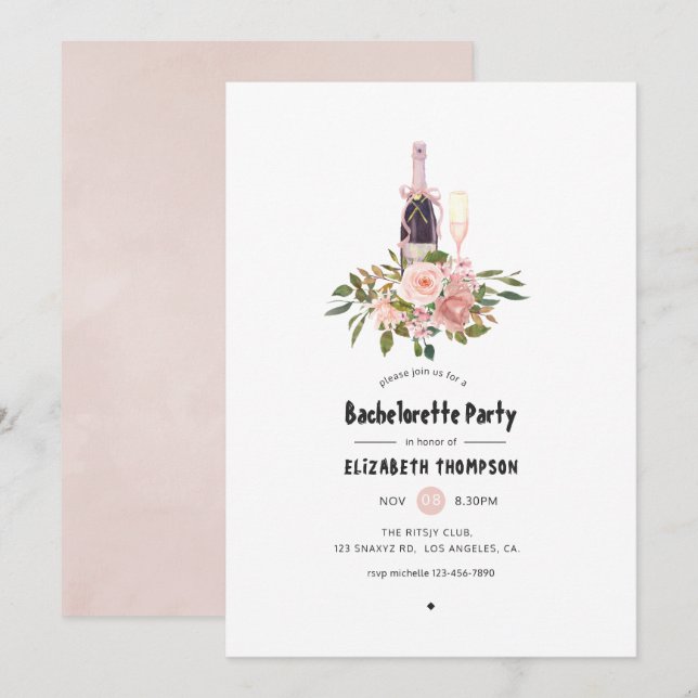 Invitation Fête de Bachelorette Fleurie Rose et Or Rosé (Devant / Derrière)