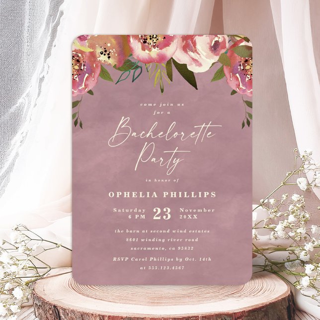 Invitation Fête de Bachelorette Fleurie Rose Poussiéreuse Oph (Say "I DO" to Romantic Watercolor Florals and a Cottagecore Vibe with the Ophelia Wedding Suite.)