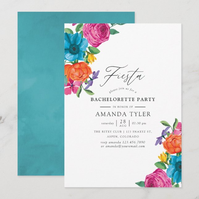 Invitation Fête de Bachelorette Florale Aquarelle Fiesta (Devant / Derrière)