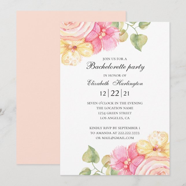 Invitation Fête de bachelorette florale aquarelle. Fleurs ros (Devant / Derrière)