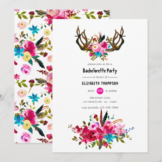 Invitation Fête de bachelorette florale bohème aquarelle (Devant / Derrière)