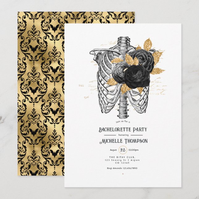 Invitation Fête de Bachelorette Florale Gothique Noir et Or (Devant / Derrière)