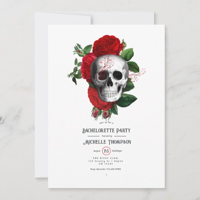Invitation Fête de Bachelorette Florale Gothique Rouge et Noi (Devant)