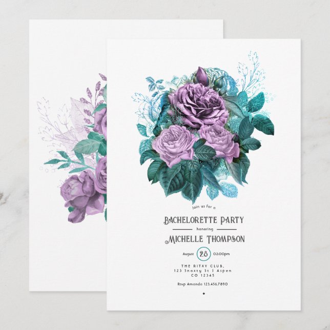 Invitation Fête de bachelorette florale turquoise et lavande (Devant / Derrière)