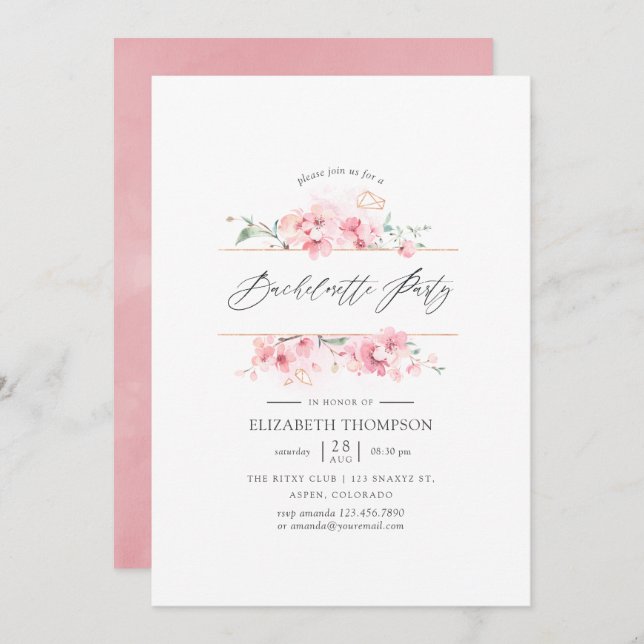 Invitation Fête de Bachelorette Géométrique en fleurs de ceri (Devant / Derrière)