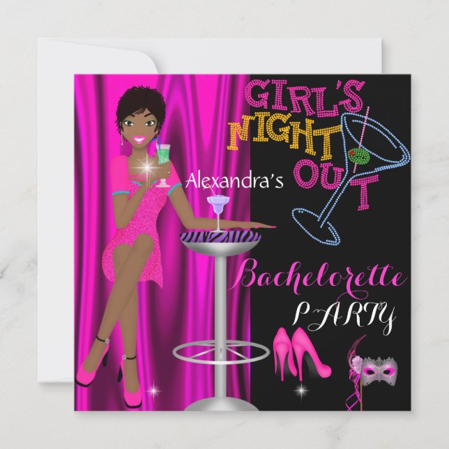 Invitation Fête de Bachelorette Glamour Fille Rose Nuit Sorti (Devant)